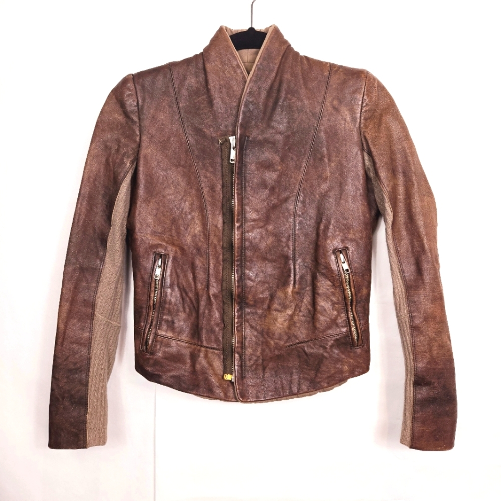 Rick Owens Brown Distressed Leather Zip Front Jacket